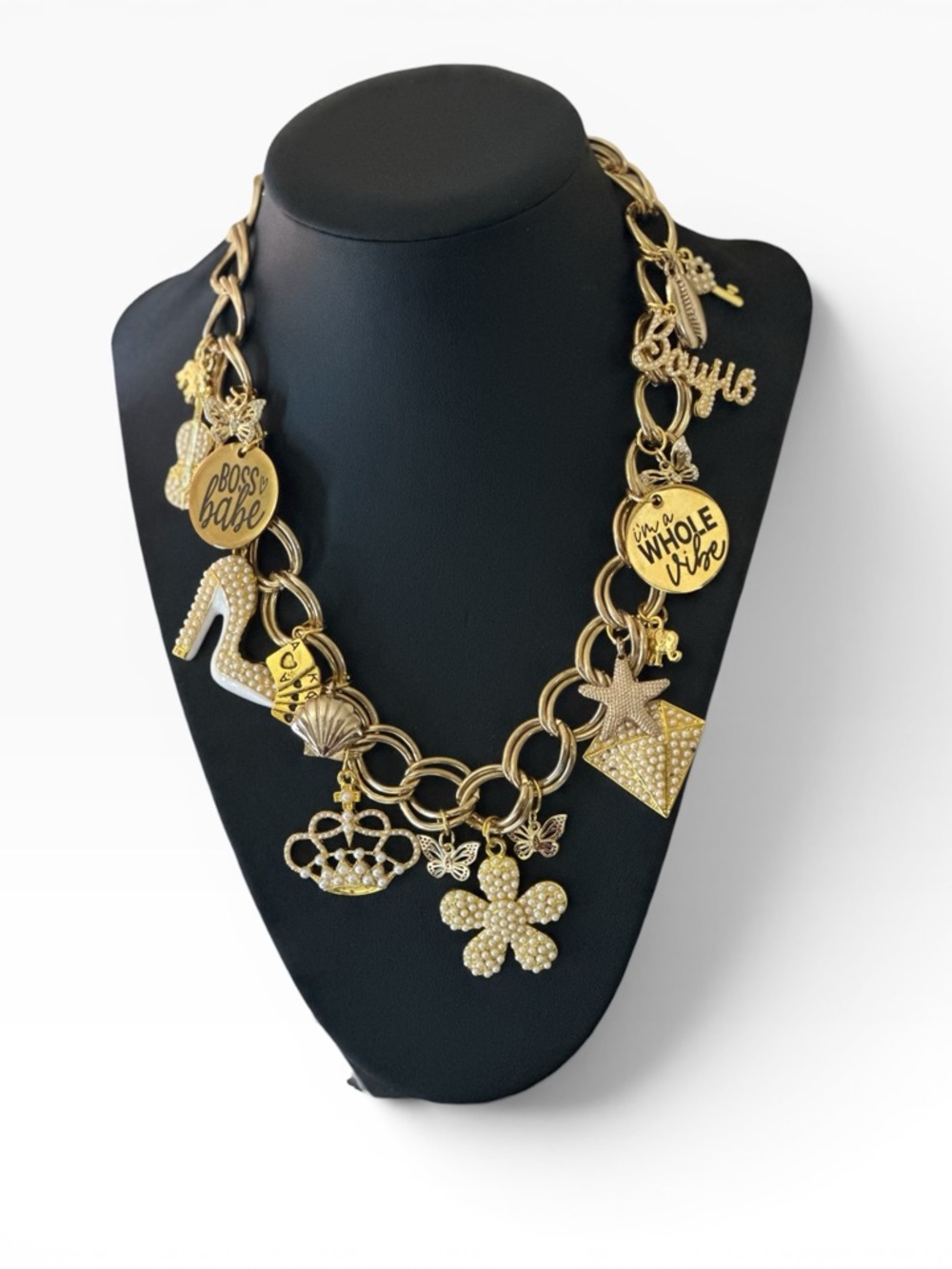 Tolee Dezigns Statement Charm Necklace- “Boss Babe/Whole Vibe “ Gold Necklace